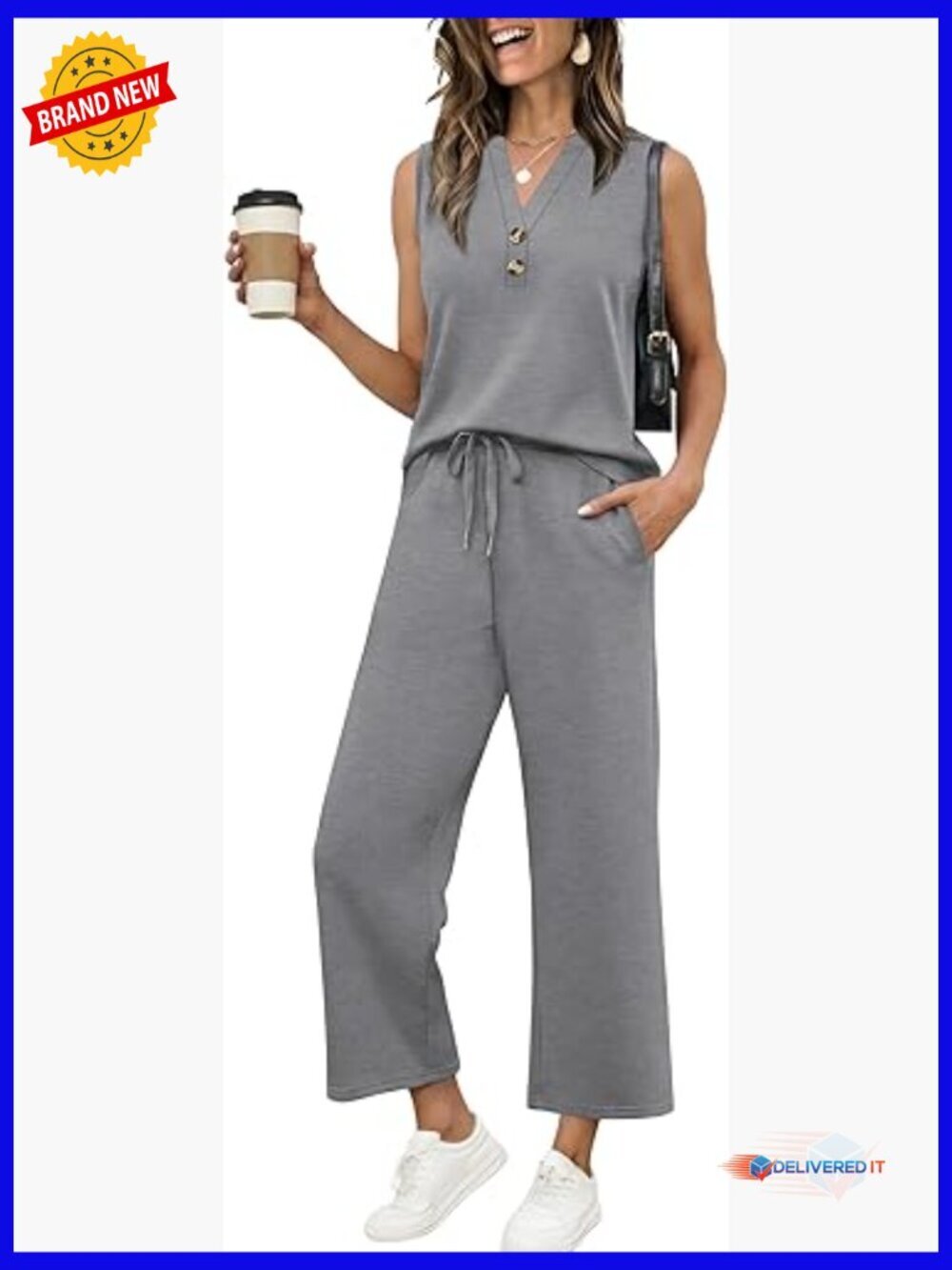 Two Piece Lounge Set V Neck Tank Wide Leg Pant